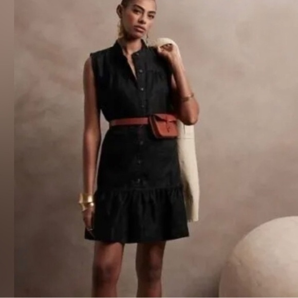 NWT! Banana Republic Black Linen Flounce Hem Mini Dress - Size Medium 🐯 - Picture 2 of 10
